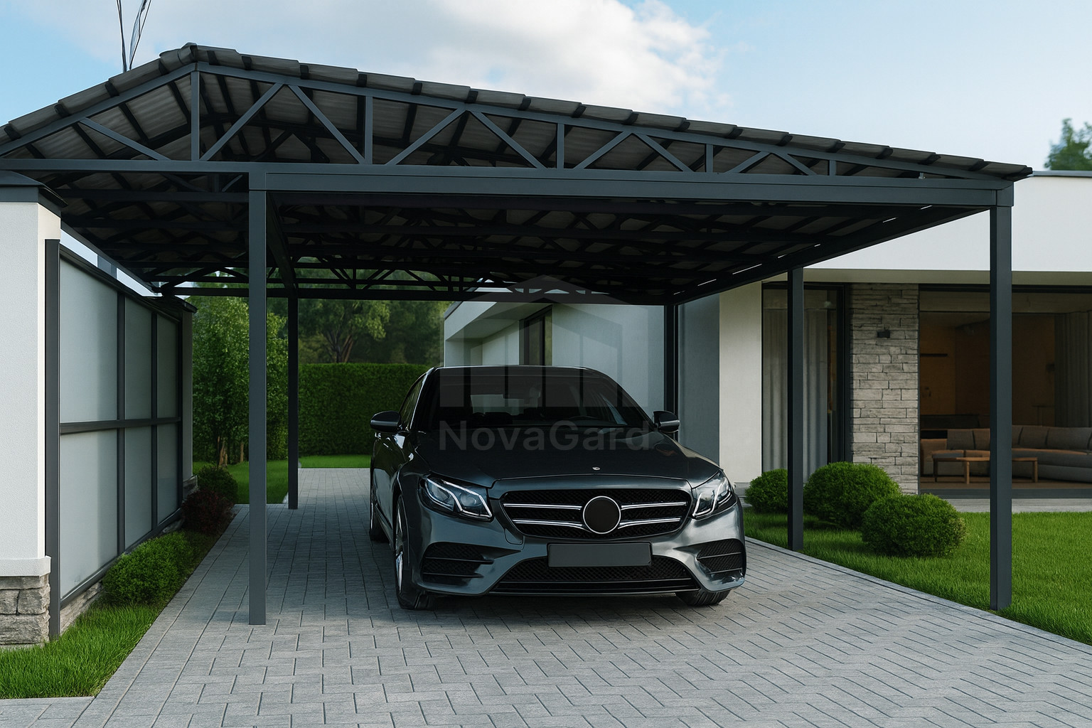 Двускатный навес для автомобилей 6,5×8,8×2,3 м из металлочерепицы